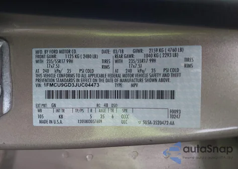 2018 Ford Escape Se z USA, uszkodzony, nr VIN 1FMCU9GD3JUC04473